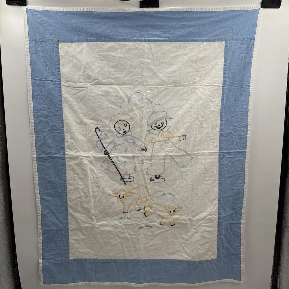 VTG Hand-Stitched Child Blanket Blue Boy Girl Sheep Floral 38x48